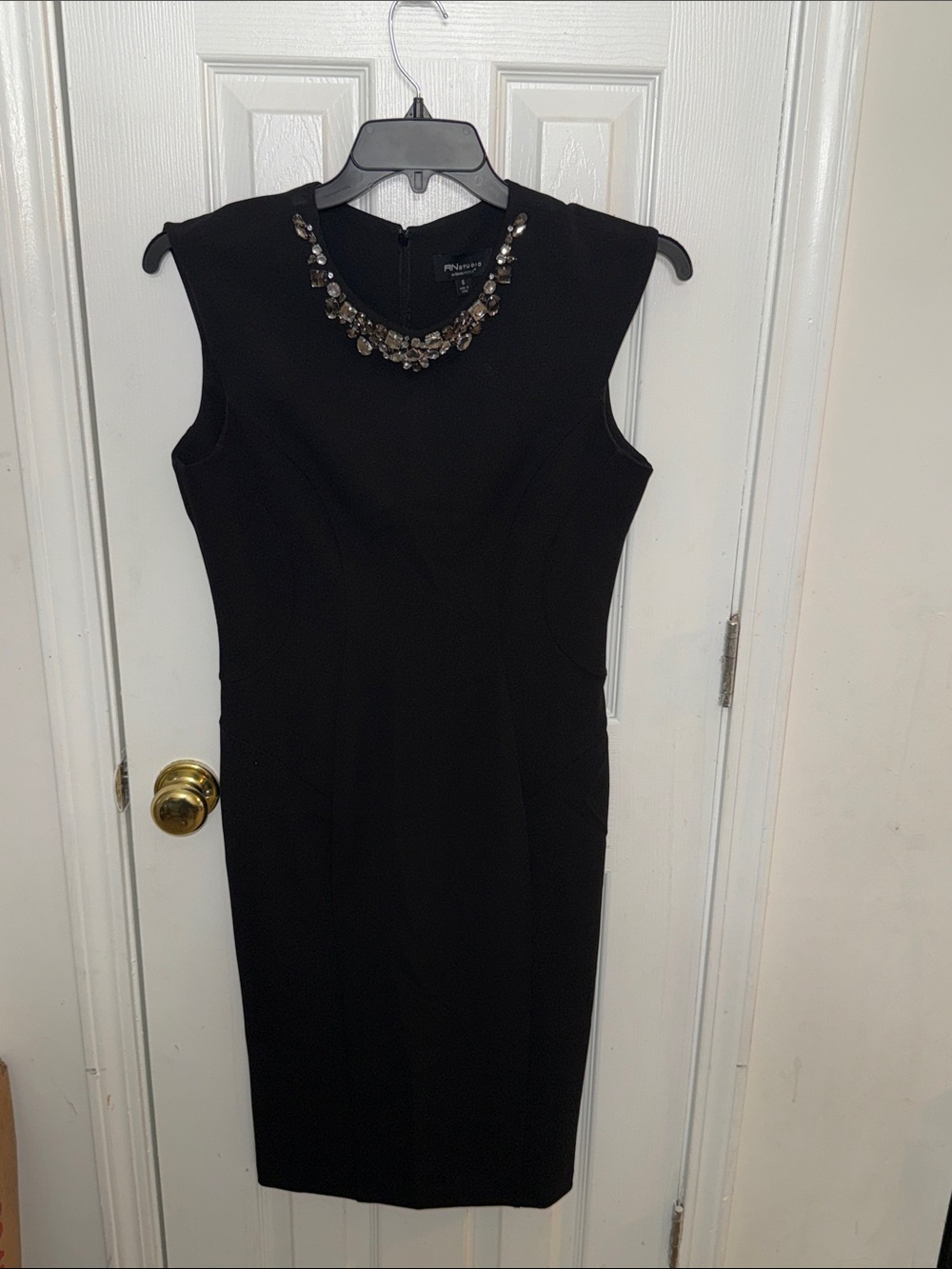 Petite Sophisticated Black Jewel-Neck Sheath Dress